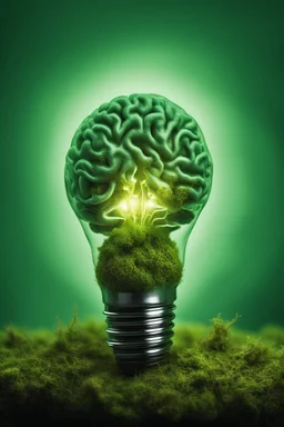 light bulb with brain illuminate inside on green background wuth moss. No light.Green Dark atmosphere