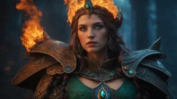 Armageddon. ragnarok. 18 year old female sorcerer. beautiful blue eyes. green and orange fire. exquisite realism, a masterpiece, fantasy concept art, dynamic lighting, hyperdetailed, intricately detailed, deep color, Unreal Engine, volumetric lighting , Epic cinematic brilliant stunning intricate meticulously detailed dramatic atmospheric maximal, CAMERA: Nikon Z7 | FOCAL LENGTH: 105mm | SHOT TYPE: Close-up | COMPOSITION: Centered | LIGHTING: Soft, directional