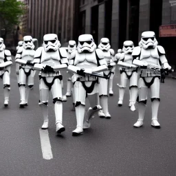 galactic empire stormtroopers marching, 2020s New York City, rainy day