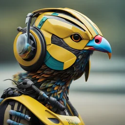 a close up of a bird wearing a helmet, by Robert Combas, digital art, brazil, robotic body, with head phones, highly realistic photography, multicoloured, benjamin vnuk, brazilian, full - body art, yellow beak, jingna zhang, nvidia ai, bionics, hybrid animal, wires. biopunk, shot with Sony Alpha a9 Il and Sony FE 200-600mm f/5.6-6.3 G OSS lens, natural light, hyper realistic photograph, ultra detailed -ar 3:2 -q 2 -s 750