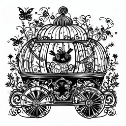 Make black and white cute drawing of a Pumpkin Carriage with black bold lines. Only outline, no grayscale. A large, glowing pumpkin transformed into a whimsical carriage with wheels made of vines and a golden roof. Include a cute mouse driver or magical sparkles surrounding the carriage.