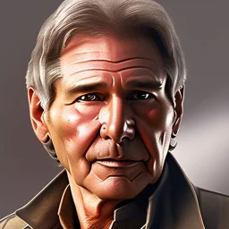 stunning photo realistic head to waist portrait of harrison ford as han solo in star wars with photo realistic short hair by alice zhang,Sam Spratt, Yi Fan, Houston Sharp, Matija Obrovac, Sharp focus, brown eyes, realistically and naturally weathered and rough skin,space jacket from star wars, octane render, intricate