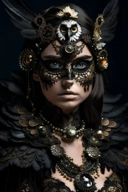 Beautiful young faced vantablack woman portrait wearing vantablack shamanism owl half face masque, ribbed with onix mineral stone pearls adorned with owl feathered and bird with black and brown colour gradient roses and crystal diadem wearing vantablack shamanism metallic embossed floral filigree decadent gothica black and gold patina costume jacket armour organic bio spinal ribbed detail of floral gothica background extremely detailed hyperrealistic maximálist concept portrait