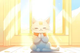 cute chibi thankful cat praying in an icy room in sunshine