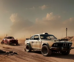 Realistic image. Mad max car. BMW 4 series, 2023 version. add woman mad max style close up. 4k resolution, intricate details, ornate details, soft lighting, vibrant colors, retroanime, futuristic cityscape background