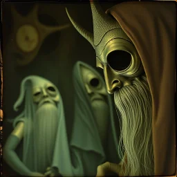 Daguerrotype close up some mysterious figures, odd background, Hieronymus Bosch Max Ernst ambient light, by Minicavio Quollati and Marlost Endgulp, Amano, Botticelli, Alphonse Mucha
