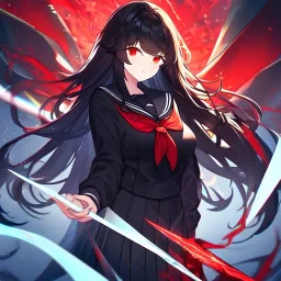 Clear focus, high resolution, black long fluffy hair, red eyes, wearing a dark sailor uniform, holding a red glowing spear, Raiden Shogun