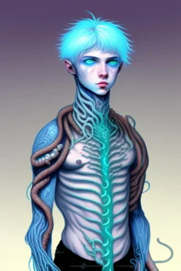 16 year old boy warlock with milky blue eyes, and lamprey tentacle growing out of his belly. in the style of HR Giger