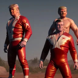 One Wrestler Donald trump, dark, wrestling, sweat, blood, red breeches, stars, retro style, 80s, hot ambient, photo studio, smooth color, highly detailed, art stations, concept art, smooth, unreal engine 5, god rays, ray tracing, RTX, lumen lighting, ultra detail, volumetric lighting, 3d, finely drawn, high definition, high resolution.