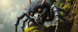 the weird face of a fluffy dragon spider yoga freak with ear ring with charm in web from mossy tower, master oil painting by Rembrandt and Escher, moss covered space station, brightened edges to give a sense of depth