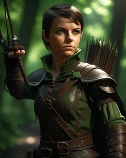 Half-elf ranger with short brown hair and keen green eyes. Pointed ears, weathered face. Leather armor, longbow on back. Hunting knife at belt. Alert stance. Forest background, natural lighting, medieval fantasy style.