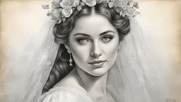 old postcard, white background, bride, black and white pencil drawing, 3d, 64k, high resolution, high detail, computer graphics, hyperrealism, f/16, 1/300 sec. digital painting, double exposure,