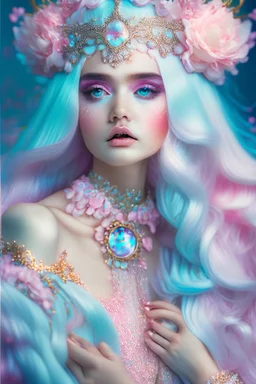 surreal, soft pink flowing hair,big eyes,full frame,full tiara,jewelry,filigree,luxurious pale blue outfit, from iridescent scales with decor,aesthetics of the female body, sophisticated,with floral elements,detailing,hd,delicate background, rainbow,magic,bohemian photo,shine, gloss,magical,beautiful, enchanting, colorful,bright studio lighting,iso800,30 mm lens,f/16,art deco,sweet fantasy,avery fantasy,cgi,1024K,professional photo,photorealism.Snow alien ,hyper detailed, digital art, trending i