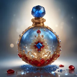 Golden round perfume bottle with a blue crystal cap and small red decorations. Illustrative art, art interpretation, concept art, cgsociety contest winner, seasonal art, seasonal art HD, 4k, 8k, intricate, detailed, intricately detailed, luminous, translucent fantasy crystal, holographic data, soft body, shadow play, light, fog, atmospheric, cinematic, light film, hyper-detailed, hyper-realistic, masterpiece, atmospheric, high resolution, 8k, HDR, 500px, mysterious and artistic digital art, phot