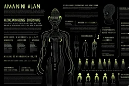 infographic made by aliens about humans beings, black background, strang gliphs, few text, big text