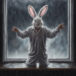 matte oil painting of a disheveled soaking wet man in ill-fitting wet floppy eared full easter bunny onesie costume looking in window at night making the heart hands gesture, Dramatic, heavy rain, complex contrast, dynamic composition, humorous and sinister