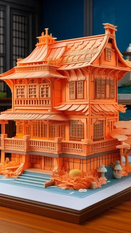 A light rosy orange colored house made out of cheese designed in Chinese paper art painted by Zhang Lu