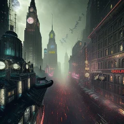 Gotham Metropolis,European Neogothic imperial city, uphill Road, 1900s photograph, 8K resolution, #film, diffuse light,German noir,matte painting,chaos city, traffic,BioShock