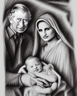 Prince Charles and Dianna in a nativity scene pencil and charcoal sketch