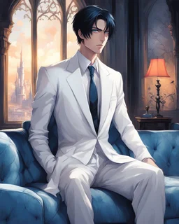 Stunning modern anime illustration of tall man, short black hair and piercing blue eyes. Wearing an elegant white office suit, he leans on a modern sofa. The background, contemporary house merges with dark fantasy elements, elegant lines and surprising architecture. A mysterious painting on the sofa, of a Gothic castle wrapped in darkness, enigmatic air. Vibrant and striking colors, atmosphere of intrigue and mystery