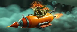 hairy macho gremlin octopus lizard aliens living in a hi tech marvellous hot dog rocket with a mounted sling shot, heading for venus, background motion blur and smoke swirls