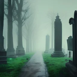 dark creepy cemetery on a foggy raining night