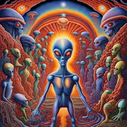 "Aliens" in a weird land - style by Alex Grey- colorful, listicvery sharp, sharp focus, extremely detailed, high definition, intricate, hiperrealistic