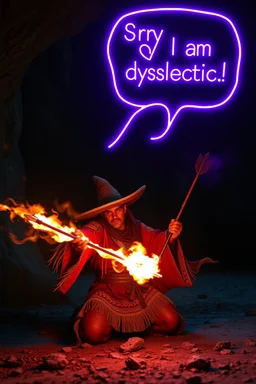 speech bubble saying "Sorry I am dyslectic!" purple magic neon arrow flying, magic swirl, strong winds, true grit, Mexican native stand off fast draw poncho cowboy wizard on knees hurt punching fire ball whip while taking sight wand slinger, in dark cave ,bokeh like f/0.8, tilt-shift lens 8k, high detail, smooth render, down-light, unreal engine