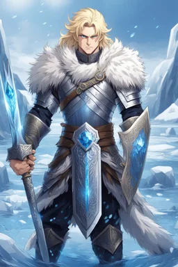 1 anime man. warrior, with blue eyes and blonde hair man in silver Viking armor with fur around the neck with blue crystal on his chest, standing in water in the artic, holding a ice sword and shield, warrior in, anime style