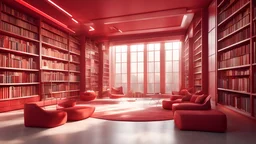 Modern red library interior with sunlight. Decor and desing concept. 3D Rendering