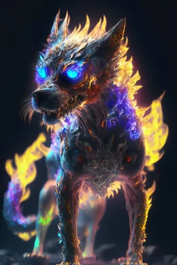 Zombie dog cat fire dragon humanoid fused alien ,extremely detailed,crystal clear, mystical colors ,perfectly centered image, perfect composition, rim light, beautiful lighting, 8k, stunning scene, raytracing