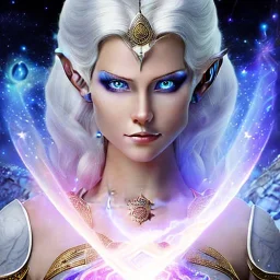 cosmic mage, elf, female, battle mage, epic, cosmic magic, long ears, white hair, face details, pale skin, jewellery, broad shoulders, glowing eyes, sharp ears, cosmic clothes, bright eyes, cosmic eyes, ears shown, light out of eyes, the cosmos in eyes, stars in eyes, shining eyes, small jaw, non human face