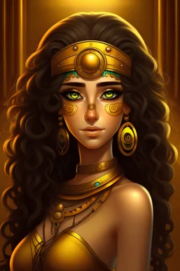egypt fantasy girl with long curly hair and citrine eyes wearing in syntskin