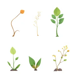 concept art of six low poly stylized alien dry single leaf plant on a neutral background. Strange fictional extraterrestrial flora with unusual shapes