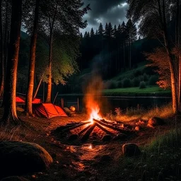 Dark rainy night with campfire and nature