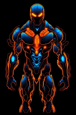 Vibrant Vector Art, Front View, vampire robot, neon blue and Orange lava veins, stylized, full body, half skin, black background, fangs , wide face,