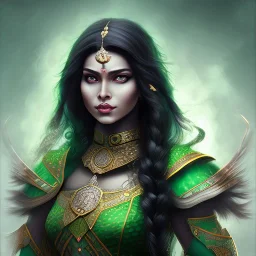 fantasy setting, indian woman, dark skin, green and black wavy hair, magician