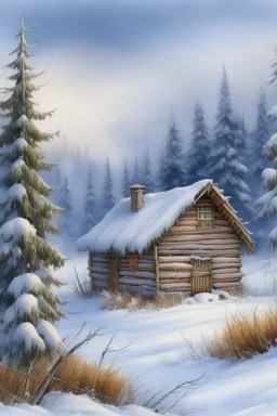 hut, snowdrifts, dried flowers, dry flowers, many different dry grass, realistic, big fluffy branches of spruce, coniferous forest, sparkling snow, snowstorm, pine trees, spruces, cedars, winter, old Russian village, smoke from the chimney, gray shades, blue, purple, professional photo, watercolor, many details, detail, digital quality photography, high detail, botanical, realistic