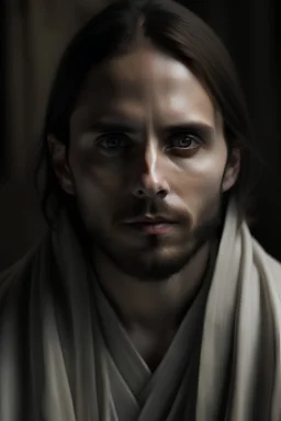 Realistic realism portrait young jared leto goatee dark Brown hair grey eyes emacieted sick sad unhappy weak think three-quarter portrait picture handsome unhealthy rings under the eyes sad smile ancient robe sad eyes scared sweet