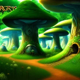 A great big mushroom forest with a stone path going through it, LOTR,gnomes, Van gogh Style, 8k