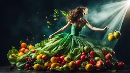 Dramatic dynamic photo of fruit woman in salad dress, Igor Morsky inspired photo in style of Sophie Delaporte, beautiful fairy model, textured, volumetric lighting, vibrant colors, exciting