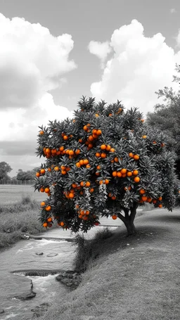 All black and white picture scene of an orange tree by the river stream with clouds above , only the oranges are colored with orange