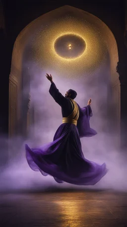 Hyper Realistic photographic-view of a Sufi Whirling with Golden & Purple Islamic Sufi Rustic Grungy-Black Background with thick-fog at dark-night outside an ancient Islamic architectural building with golden-sparkles-whirling showing dramatic & cinematic ambiance.