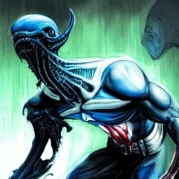 crossover between alien xenomorph of ridley Scott and captain America of Stan Lee