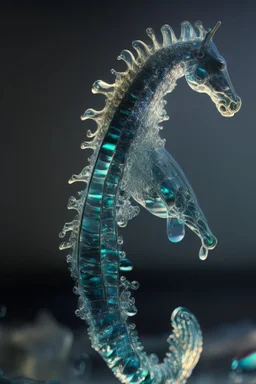 glass sea horse sculpture with indentations, art, 4k, hi detail, trending art, depth of field, volumetric light, dramatic lights