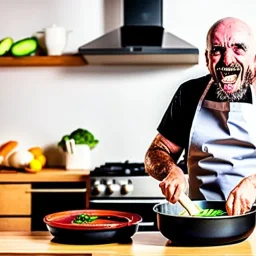 a mentally ill man with a few teeth, cooking at home