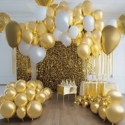 A picture of a room filled with gold party decoration. Include balloons, garlands, foil balloons