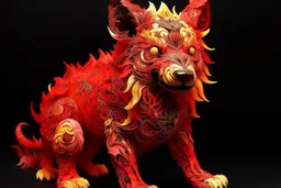 A red fire elemental hyena designed in Chinese paper art painted by Guo Xi