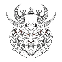 White, minimalis line art , oni mask japanes , vector, white background, outline, with images neatly contained within the background, just black and white color,