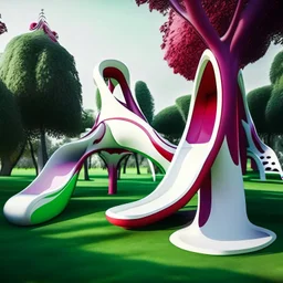 Perspectiva Parque infantil juegos columpios tobogán estilo Zaha Hadid obra de arte digital detallada color blanco crema y violeta rojo imperial impactante árboles verde profundo niños personas foto realista arte retro iluminación cinematografica 4k